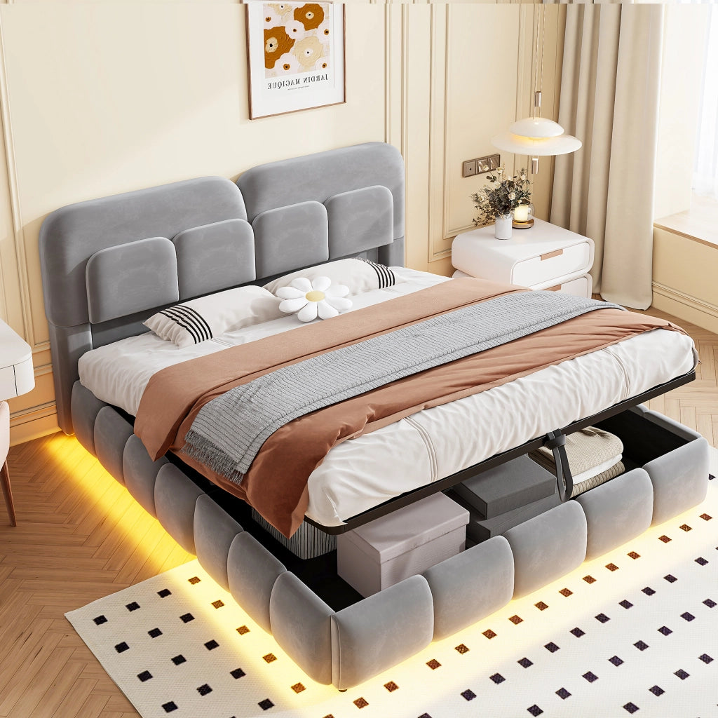 Letto Imbottito 140x200 cm in Velluto Grigio con Contenitore Idraulico e Luci LED; Letto Matrimoniale alla Francese