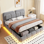 Letto Imbottito 140x200 cm in Velluto Grigio con Contenitore Idraulico e Luci LED; Letto Matrimoniale alla Francese
