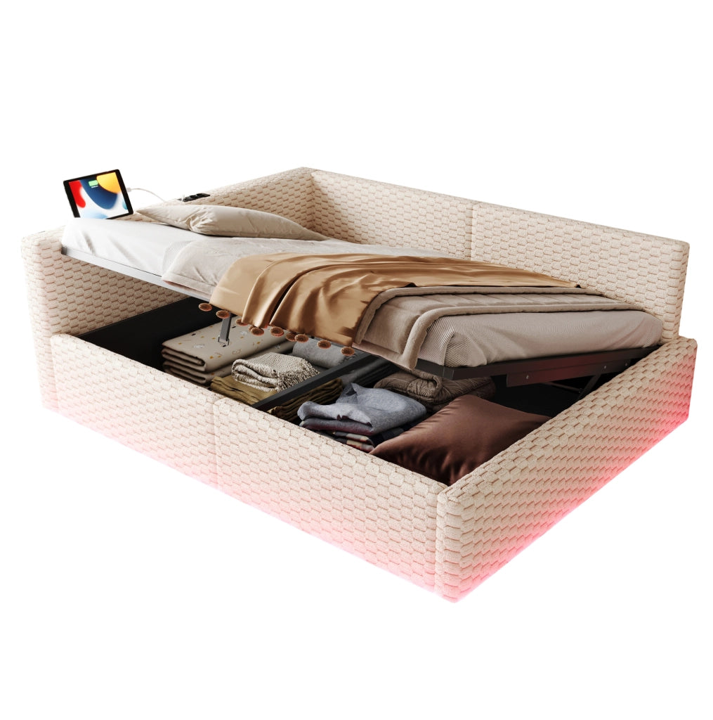 Multifunktionsbett 140x200 cm con LED; USB-C e vano contenitore; velluto beige