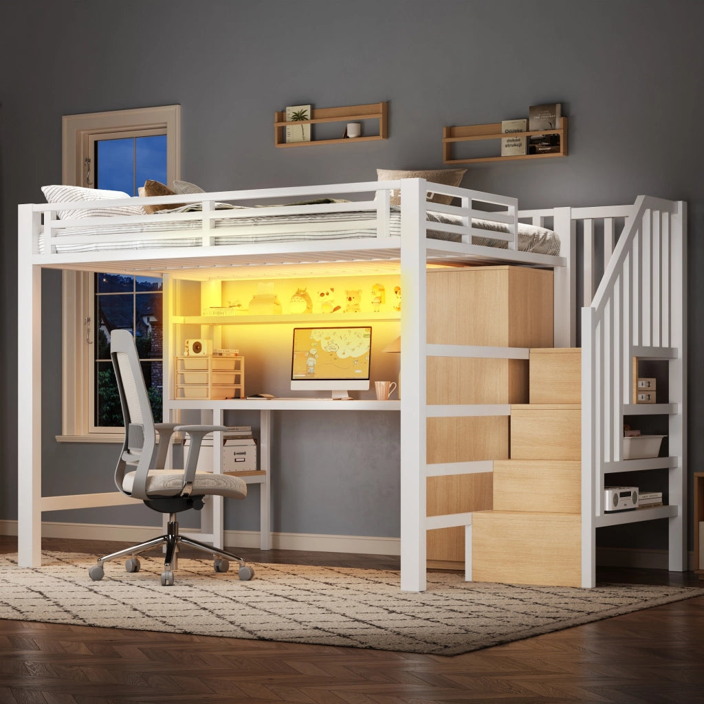 Letto a Soppalco 140x200 cm con Scrivania; Armadio; Mensola LED; Scala - Bianco