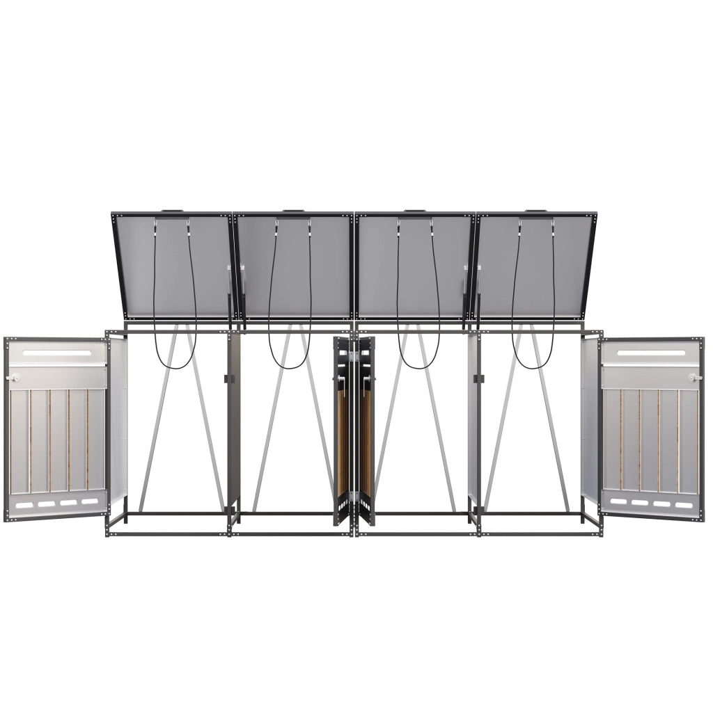 Cassonetto porta rifiuti a 4 scomparti con coperchio idraulico, rivestimento effetto legno verticale, ventilazione a fori lunghi, struttura in ferro con serratura
