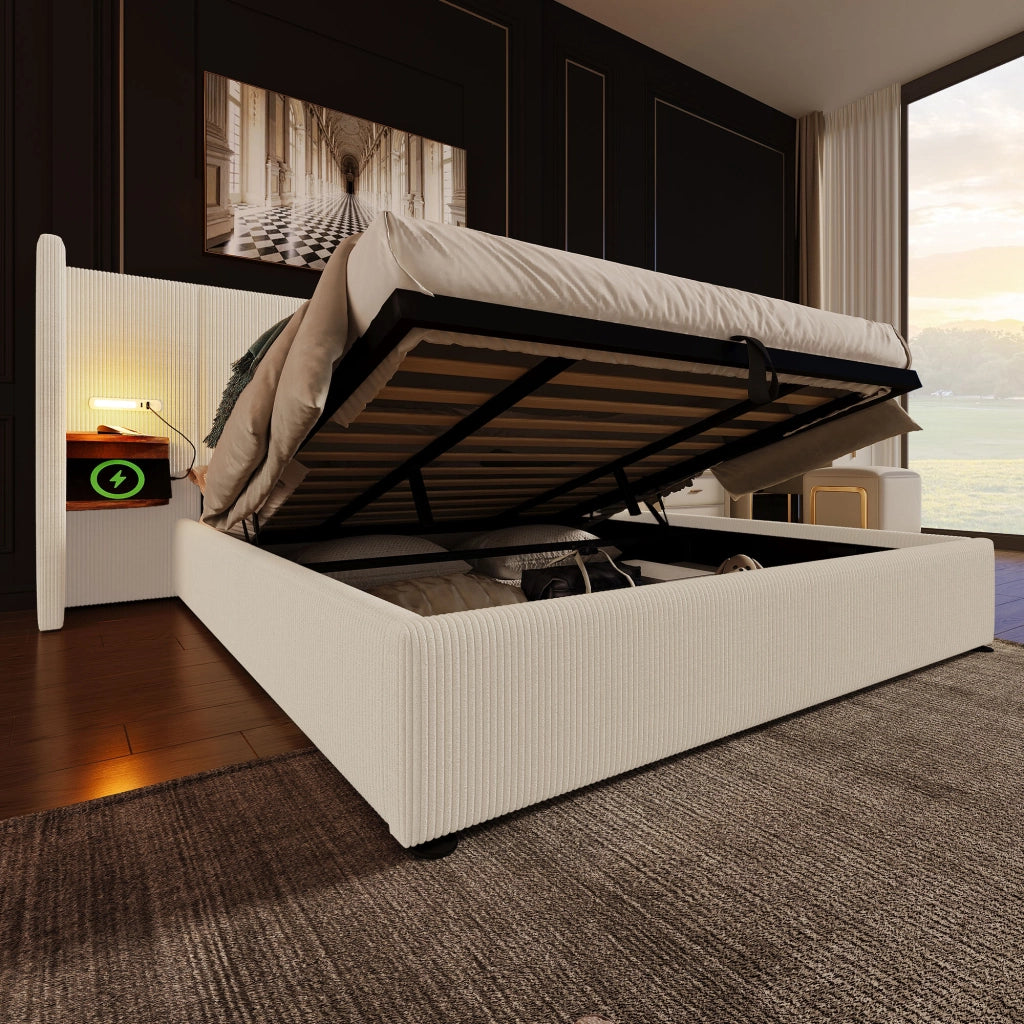 Letto matrimoniale 180×200 cm 2 posti con contenitore; mensole; luci da lettura USB e Type-C; senza materasso; beige