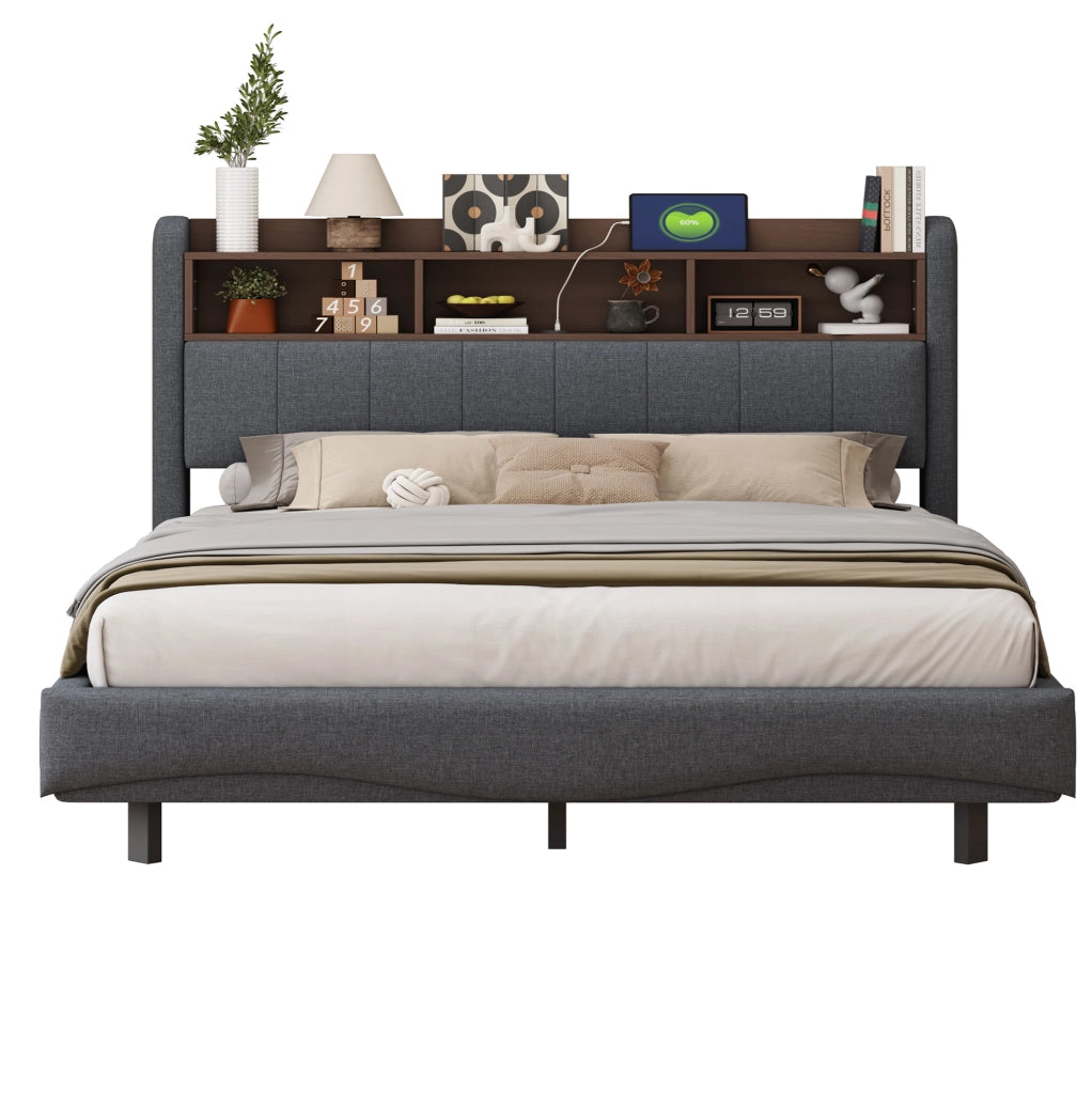 Letto imbottito sospeso con LED; USB e Type-C; 160 x 200 cm; grigio