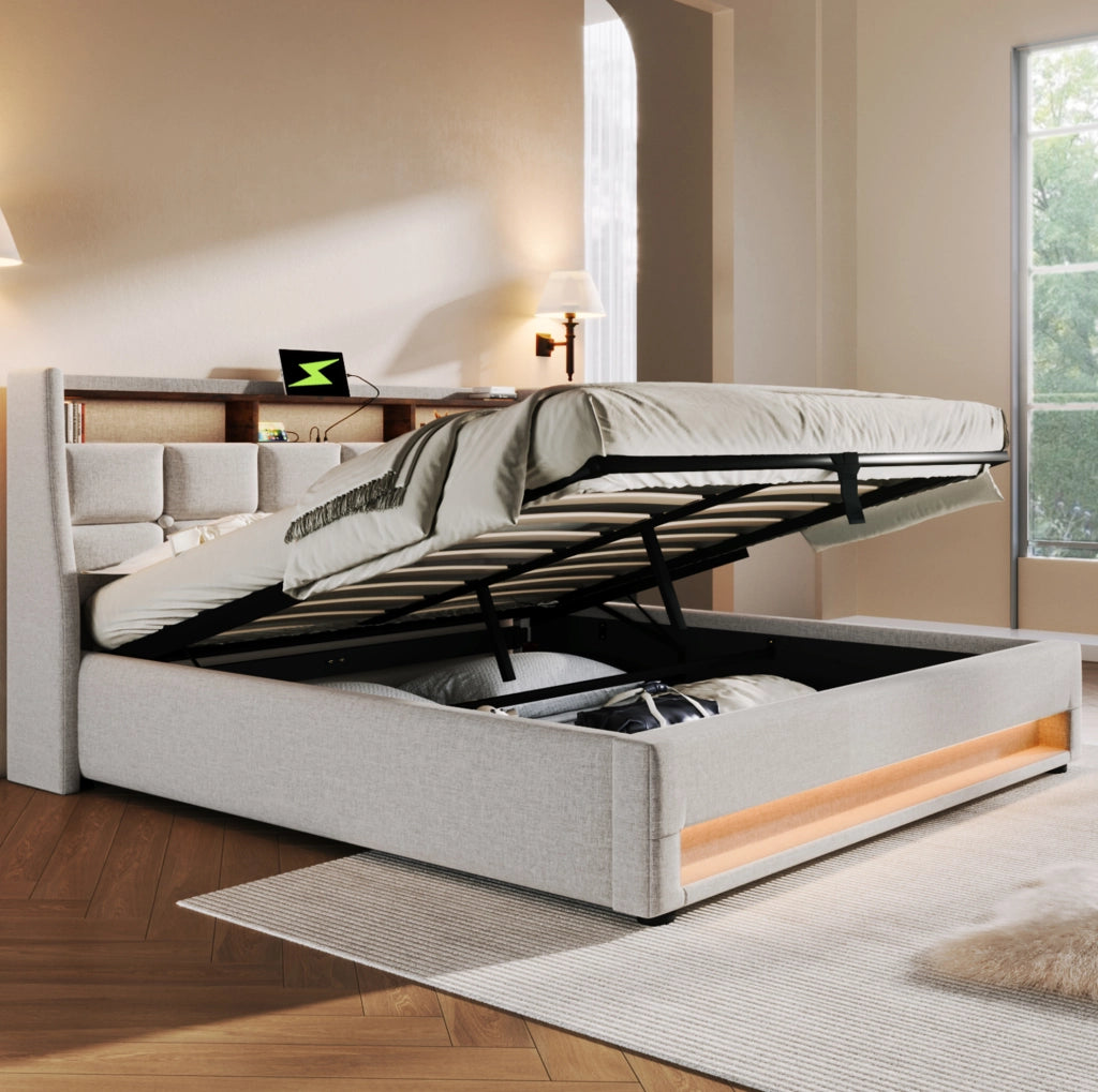 Letto imbottito 140x200 cm con LED; USB e contenitore; beige chiaro