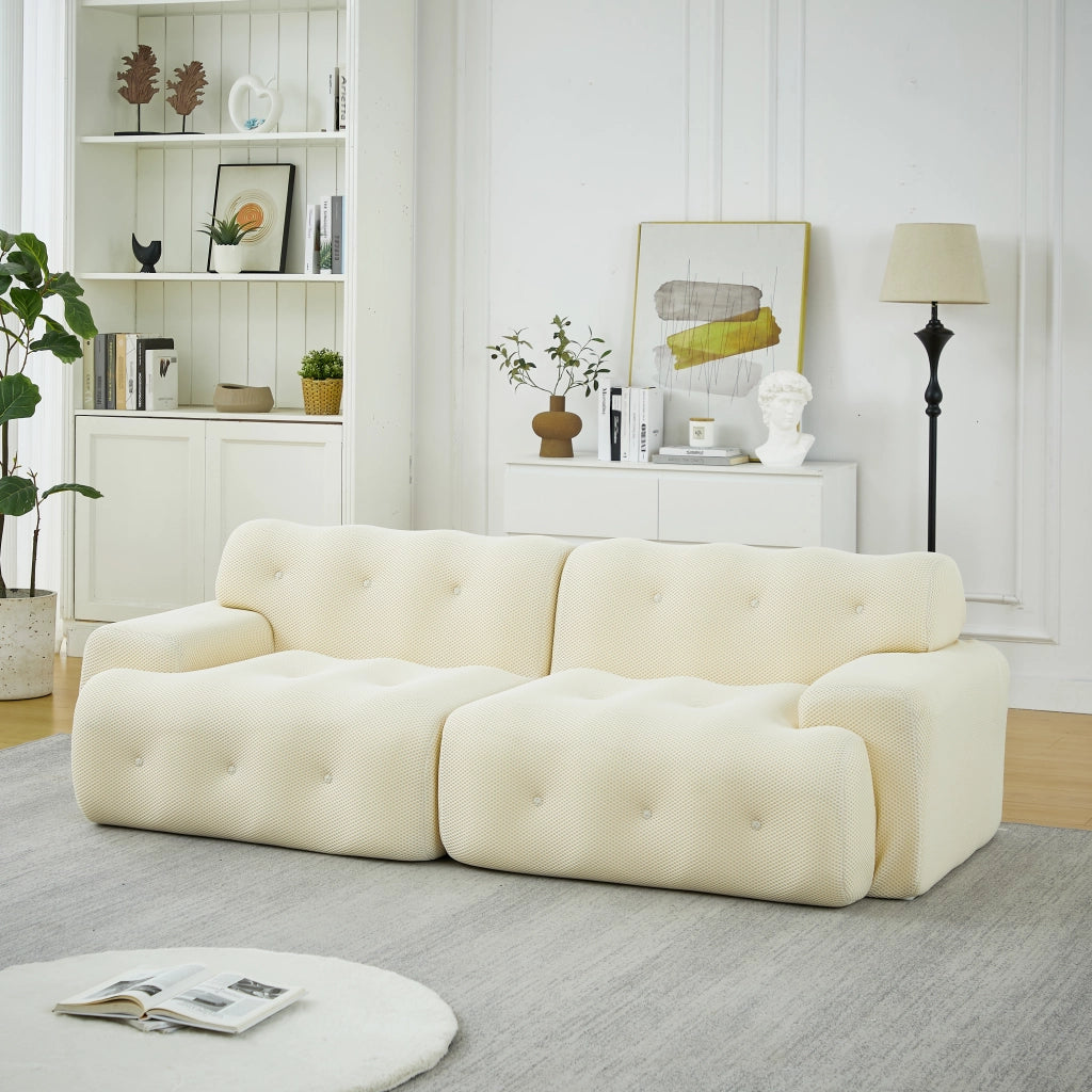 Divano modulare 2 posti con braccioli larghi e imbottitura a bottoni in tessuto beige senza montaggio 224 × 104 × 66 cm