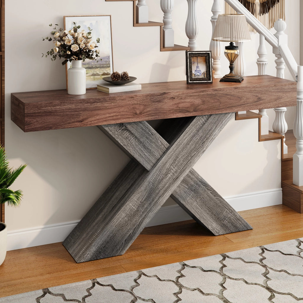 Consolle stretta con supporto a X in truciolare finitura legno noce per ingresso e soggiorno 140 × 30 × 80 cm