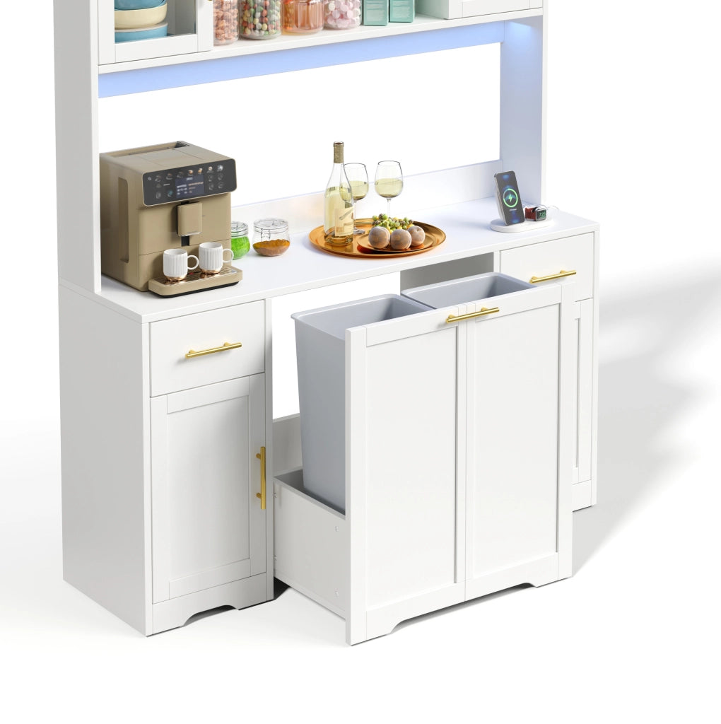 Credenza cucina multifunzionale 140x40x173 cm in MDF bianco con LED RGB e prese
