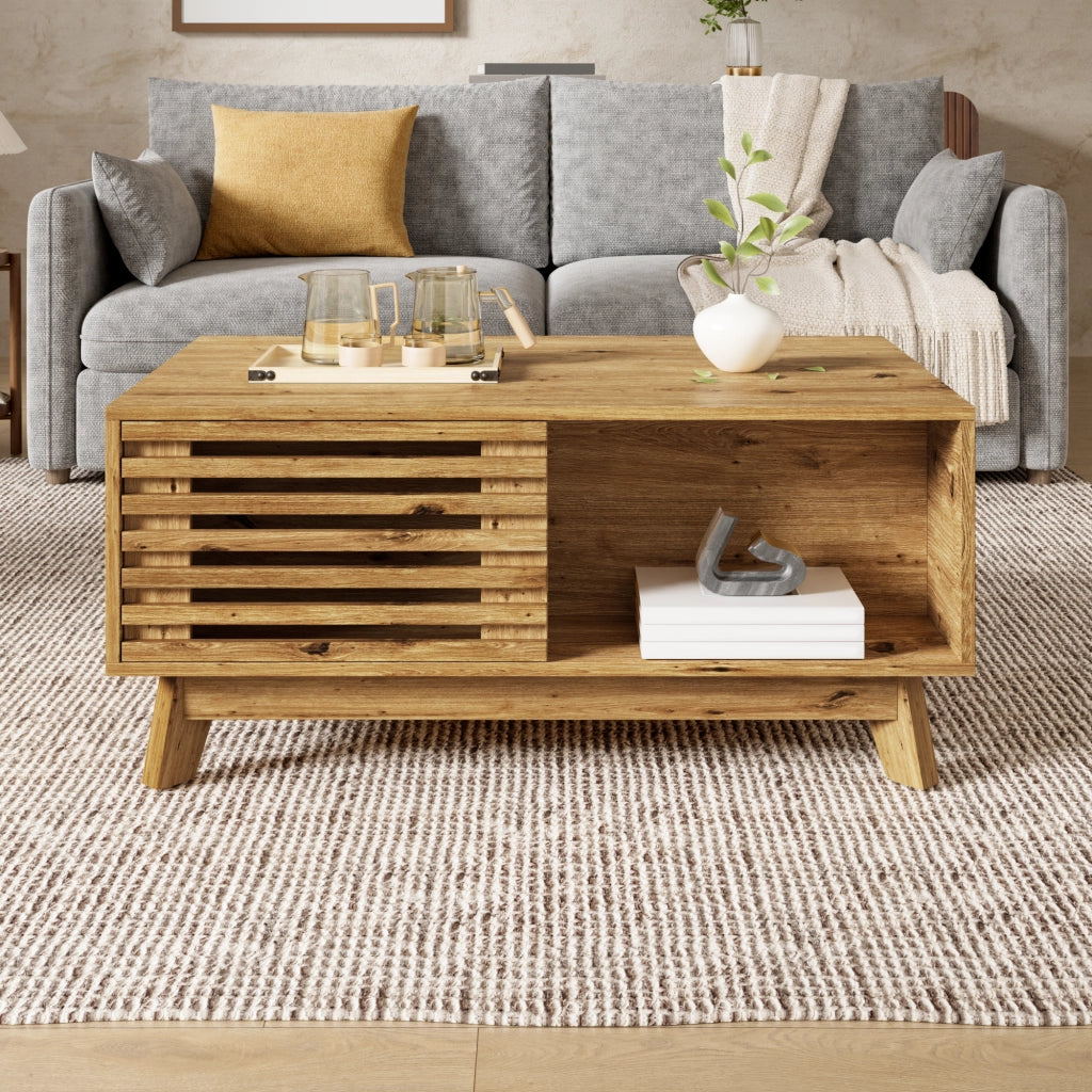 Tavolino basso alzabile con piano estensibile e anta scorrevole a lamelle in MDF naturale 90 × 55 × 57.5 cm