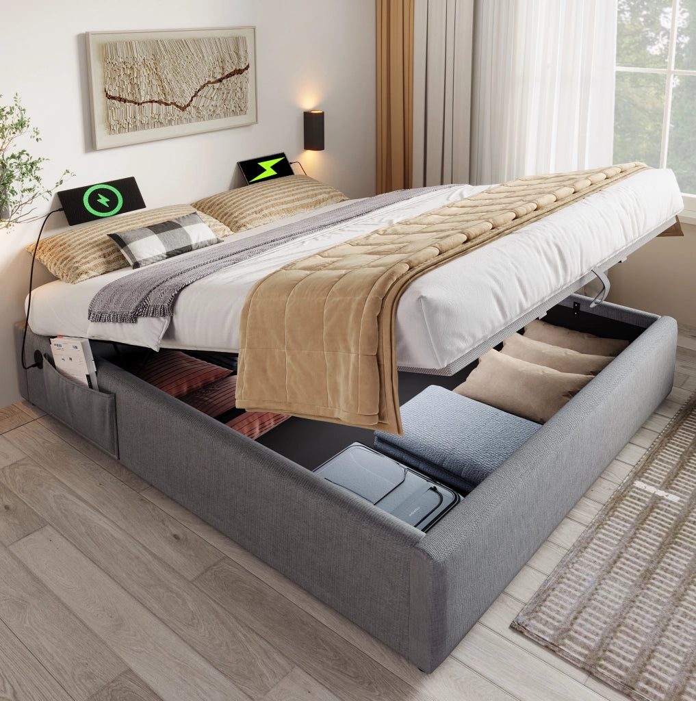 Letto matrimoniale 160x200 cm in cotone e lino grigio con vano e USB-C, senza materasso