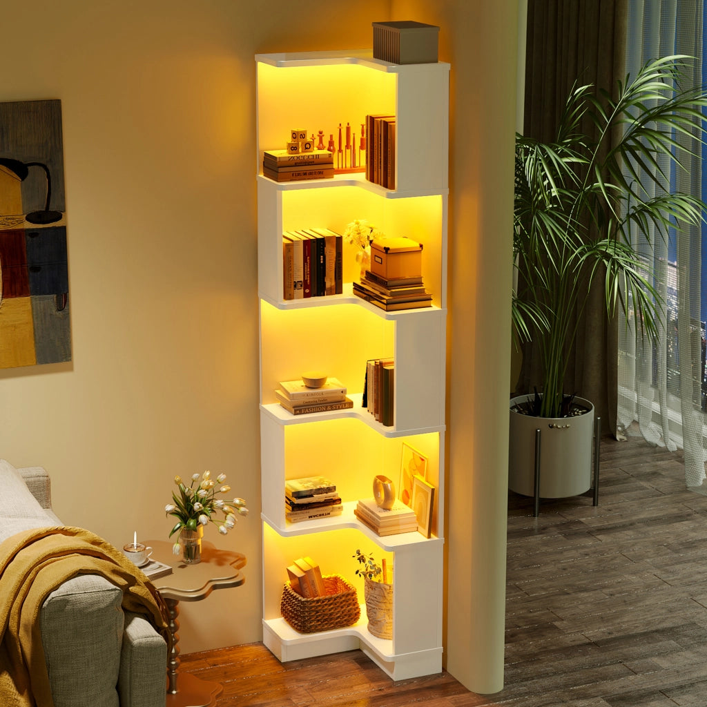 Libreria Angolare Bianca Scaffale a Forma di L con Luci LED e 5 Ripiani