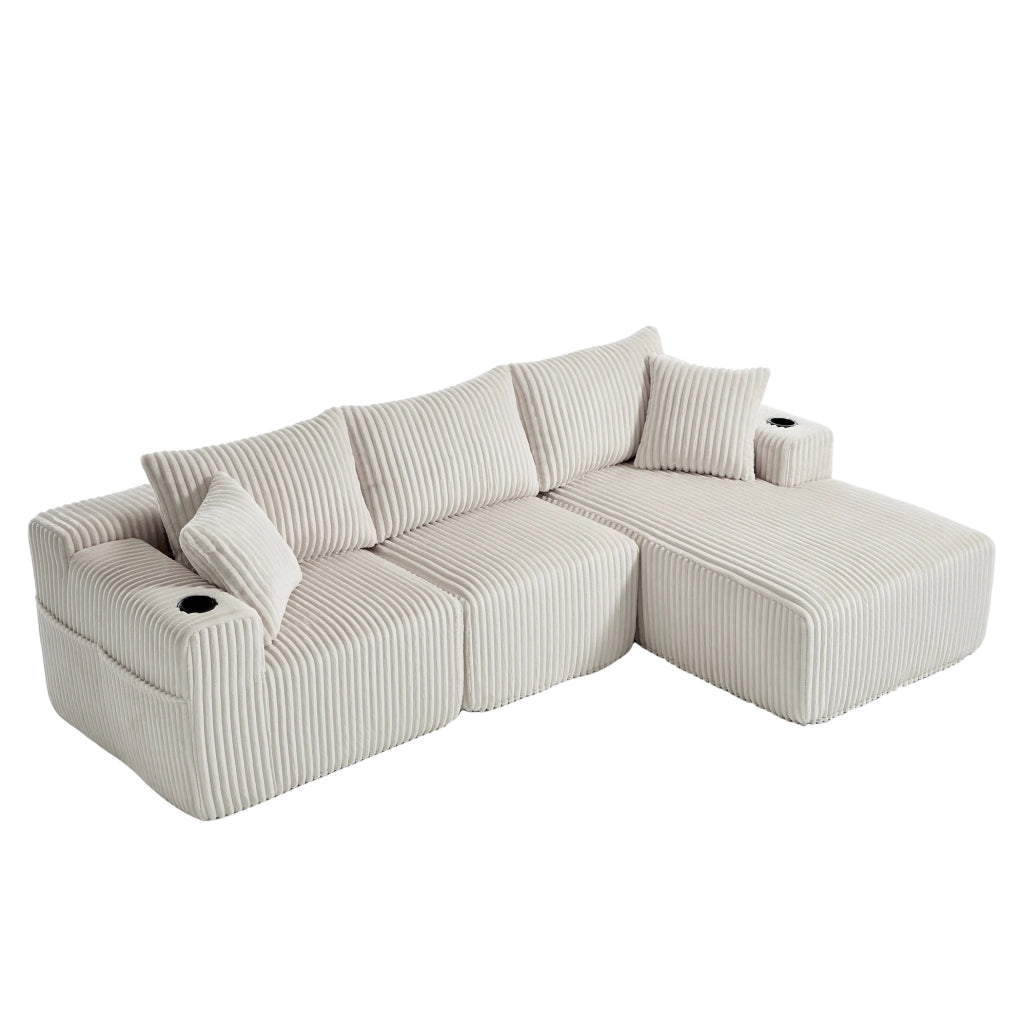 Divano modulare in velluto a coste beige con chaise longue