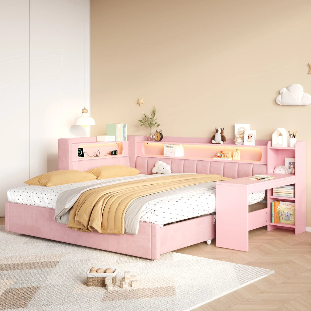 Letto imbottito con LED e giroletto estraibile ¨C Minimal ¨C Rosa velluto 90x200 cm
