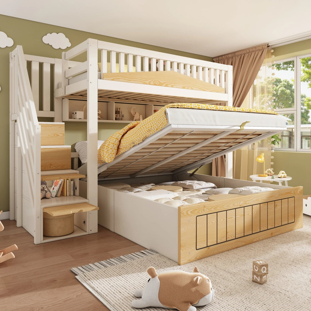 Letto a castello sfalsato 90x200 e 140x200 con contenitore; scala e USB-C; bianco e naturale