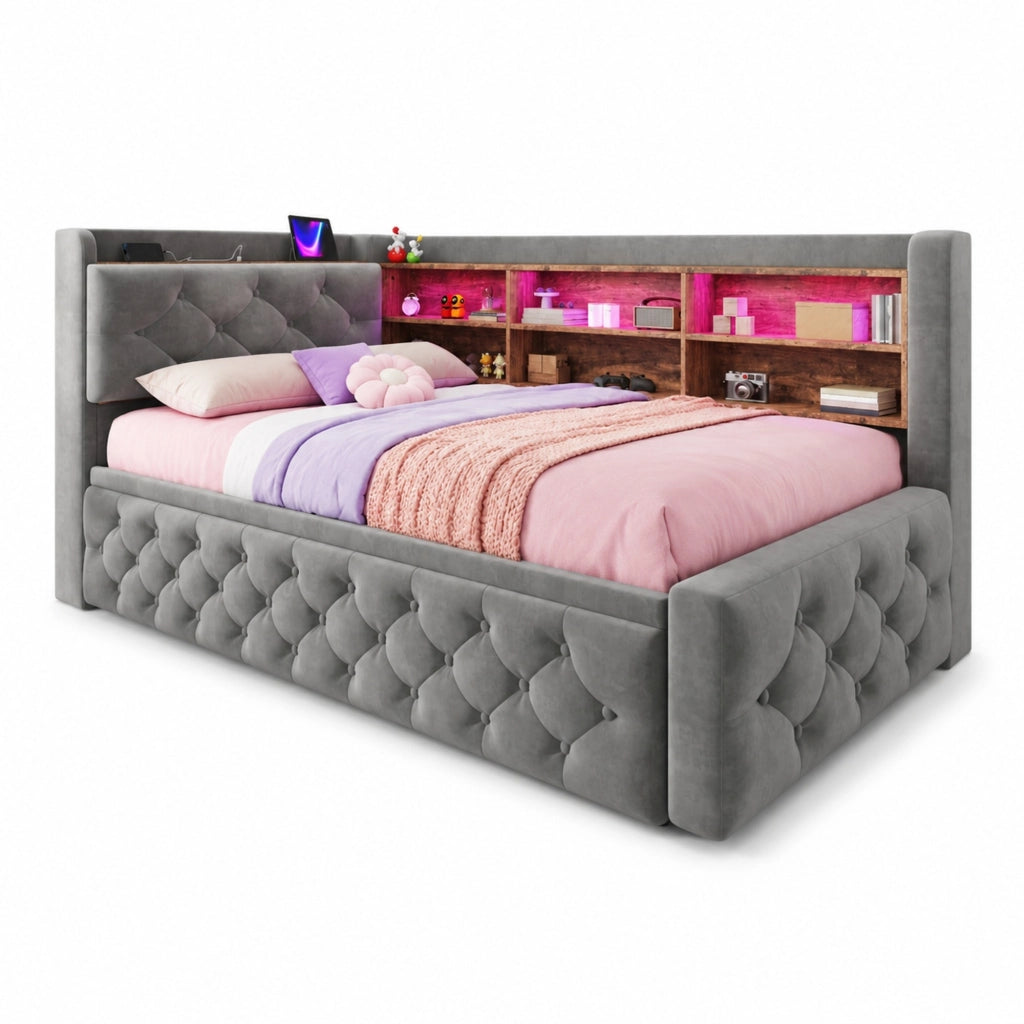Divano letto estraibile 90x190 cm in velluto grigio scuro con LED e USB