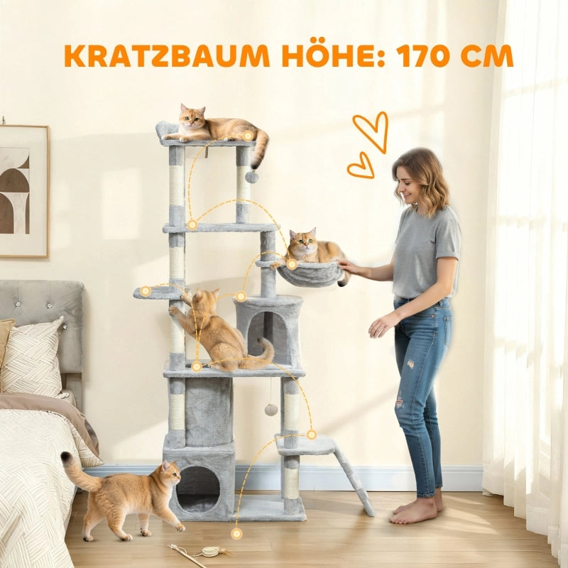 Tiragraffi alto 170 cm con tunnel verticale; 2 cucce; amaca; scala e pali in sisal; grigio chiaro per 1-3 gatti