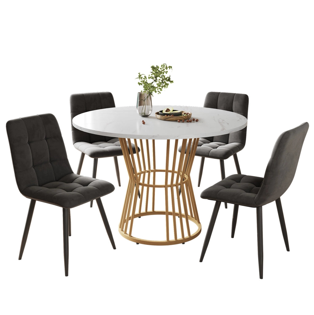 Set tavolo da pranzo rotondo con 4 sedie in velluto; ? 100 cm; piano MDF effetto marmo