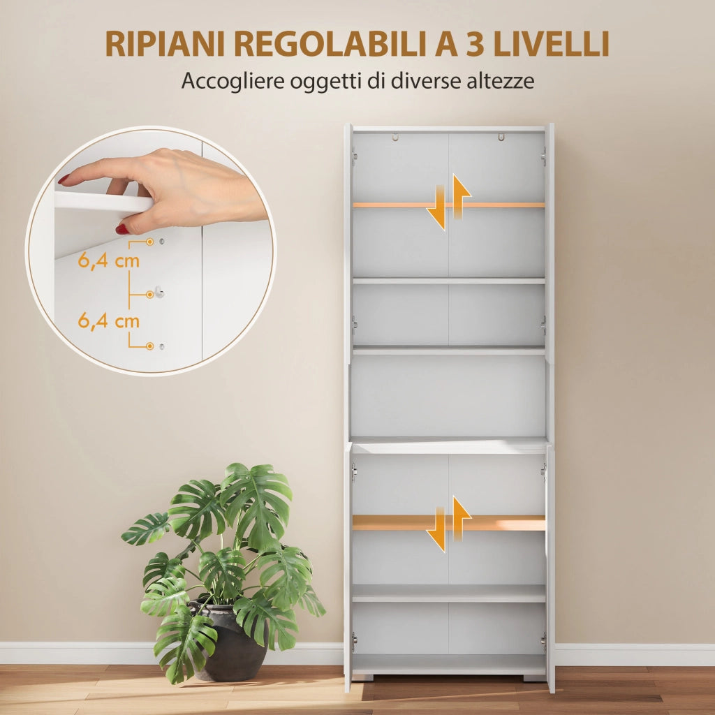 Mobile Dispensa Cucina 180cm Bianco Lucido, Credenza Alta Moderna con Ante Soft-Close e Ripiani Regolabili, Pratico Armadio per Casa