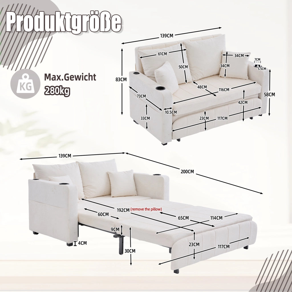 Divano letto pieghevole con tasche laterali e 4 cuscini in chenille beige