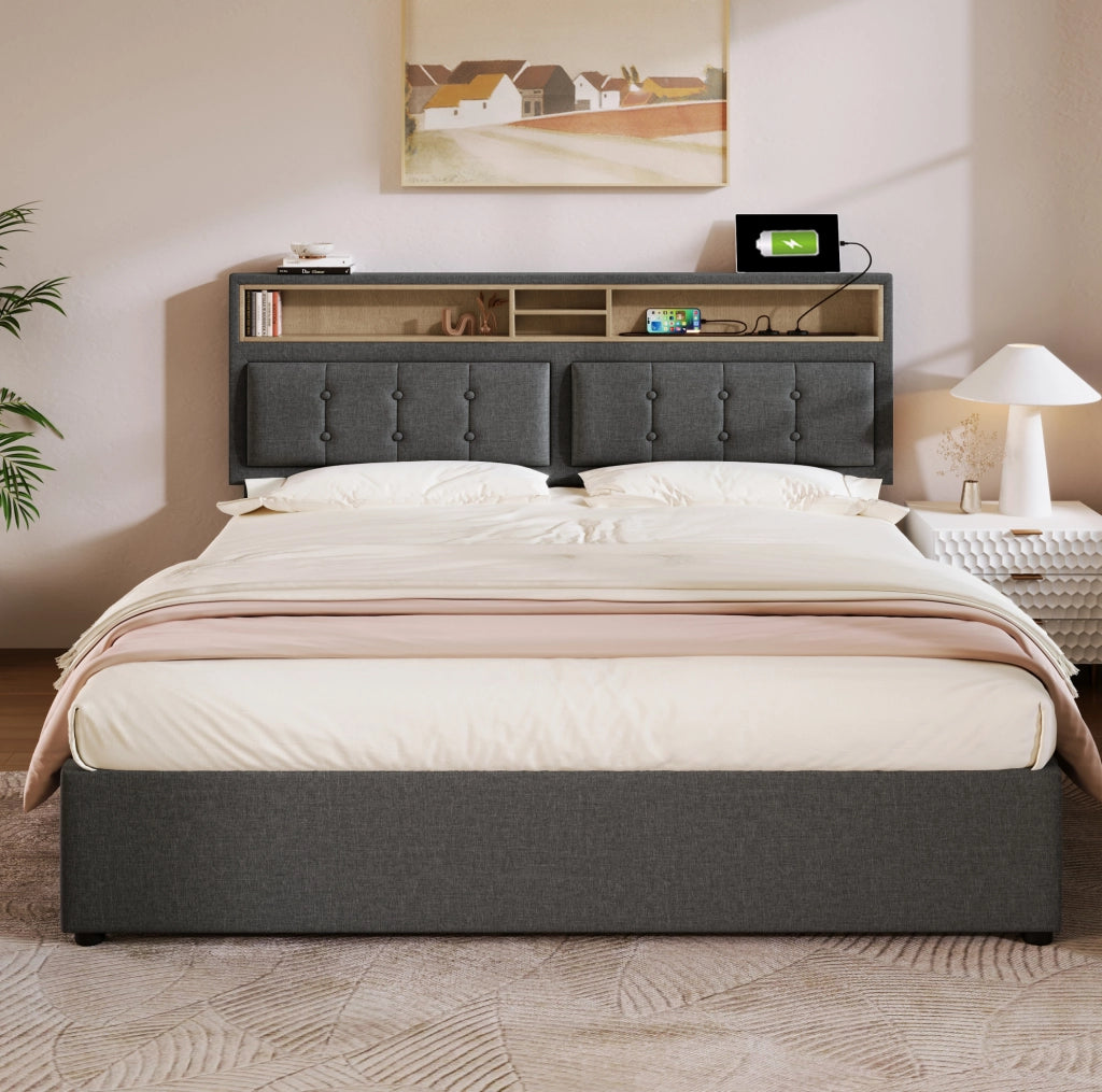 Letto imbottito 160 x 200 cm grigio con contenitore, prese e USB-C