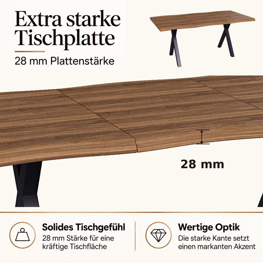 Tavolo da Pranzo 180x78 cm 4-6 Posti LEMONMAX; Piano MDF 28 mm con Bordi Ondulati; Gambe a X in Metallo; Finitura Effetto Noce; Portata 60 kg