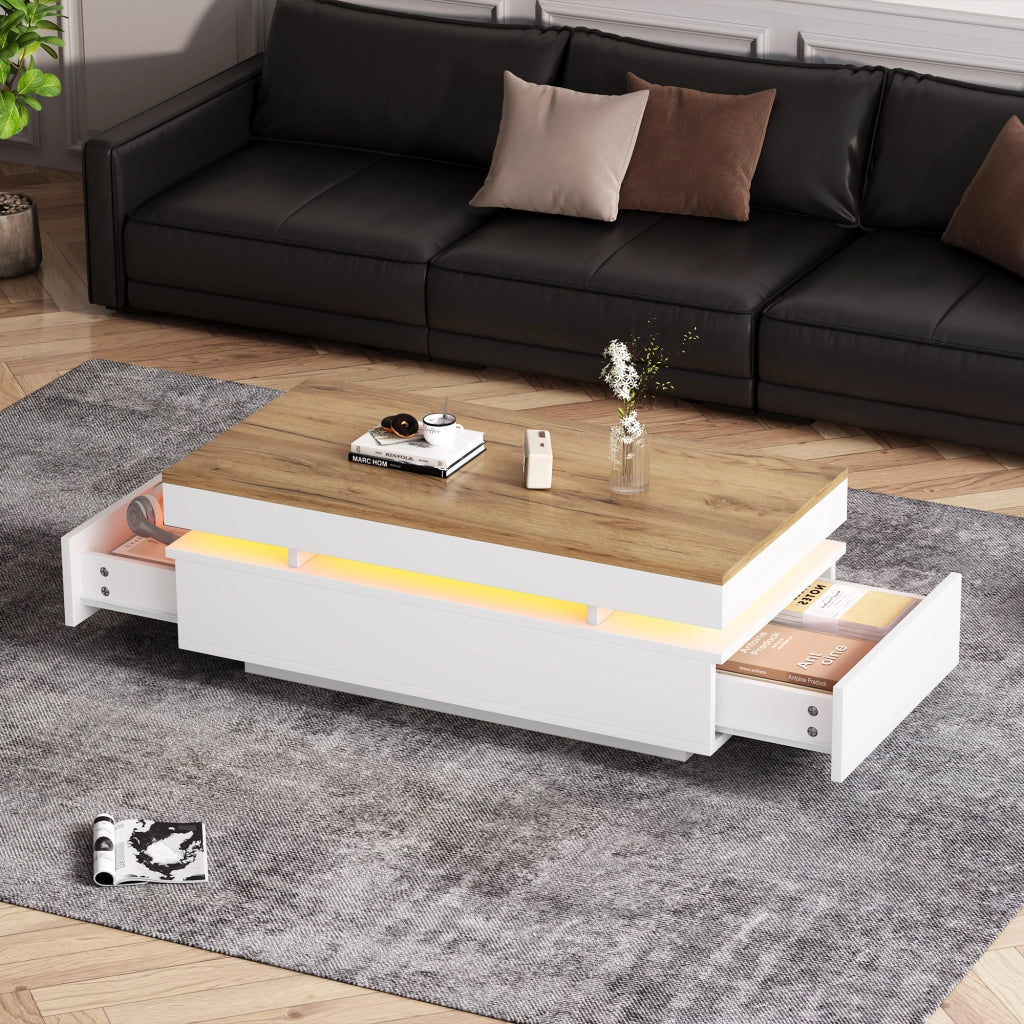 Tavolino da salotto con LED 100x50x35 cm componibile 2 cassetti legno e bianco