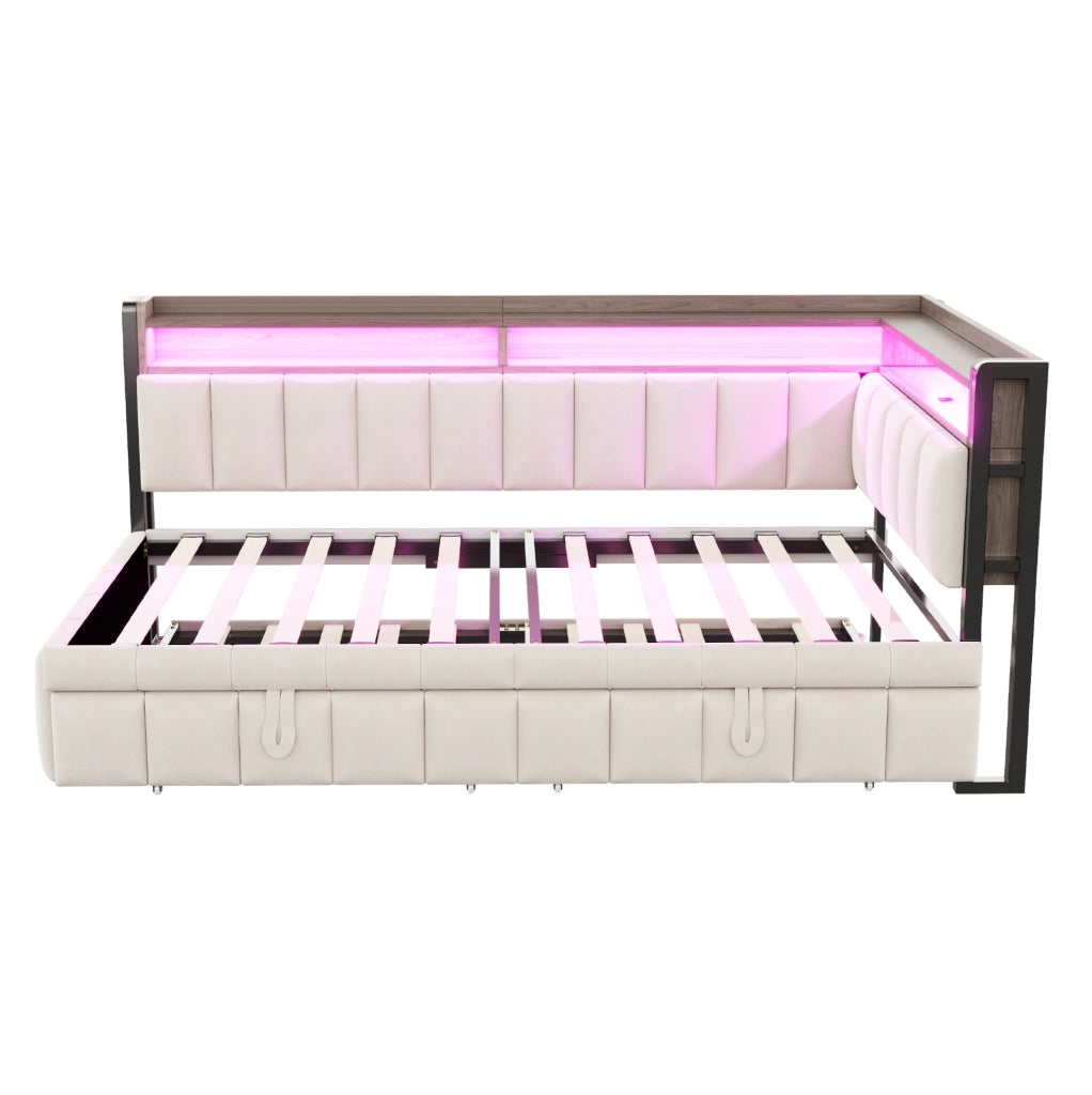 Divano letto ULEVR 90x200 cm con letto estraibile, LED, USB e Type-C, vani portaoggetti, velluto beige