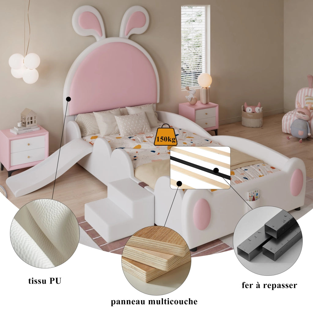 Letto singolo 90 × 200 cm con scivolo e scaletta testiera con orecchie in PU bianco e rosa