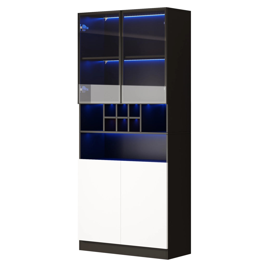 Vetrina alta 80x30x180 cm con LED multicolore; portabottiglie e 2 ante; nera