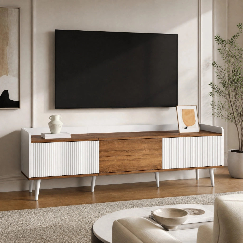 Mobile TV a 3 ante con struttura compatta, finitura bianco e legno naturale, 160 x 39 x 49,5 cm
