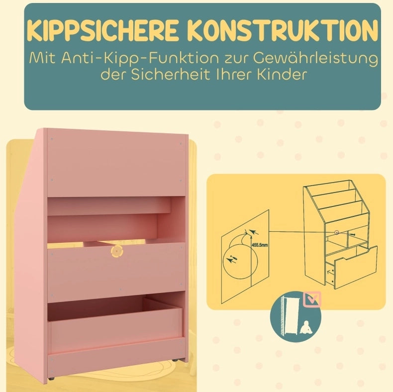 Libreria per bambini rosa con cassetto e 5 vani, 60x29,9x90 cm