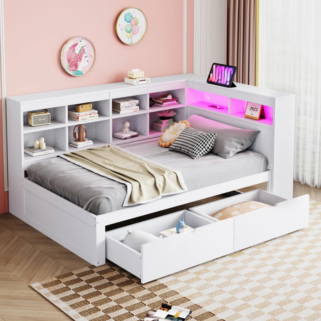 Divano letto singolo multifunzione 90x200 cm in legno massello; bianco; con LED e USB