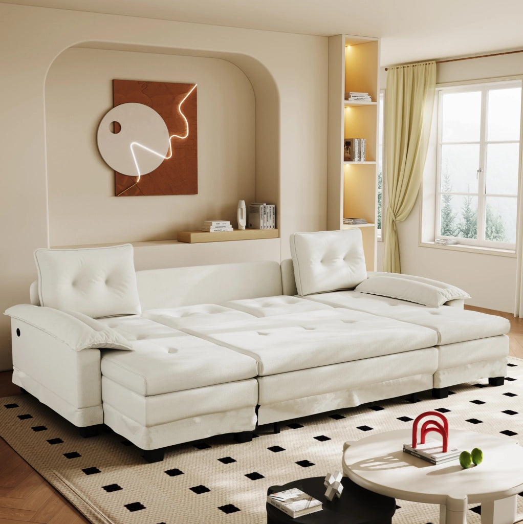 Divano letto modulare a U ULEVR 278x127 cm con letto estraibile, USB e cuscini rimovibili, beige