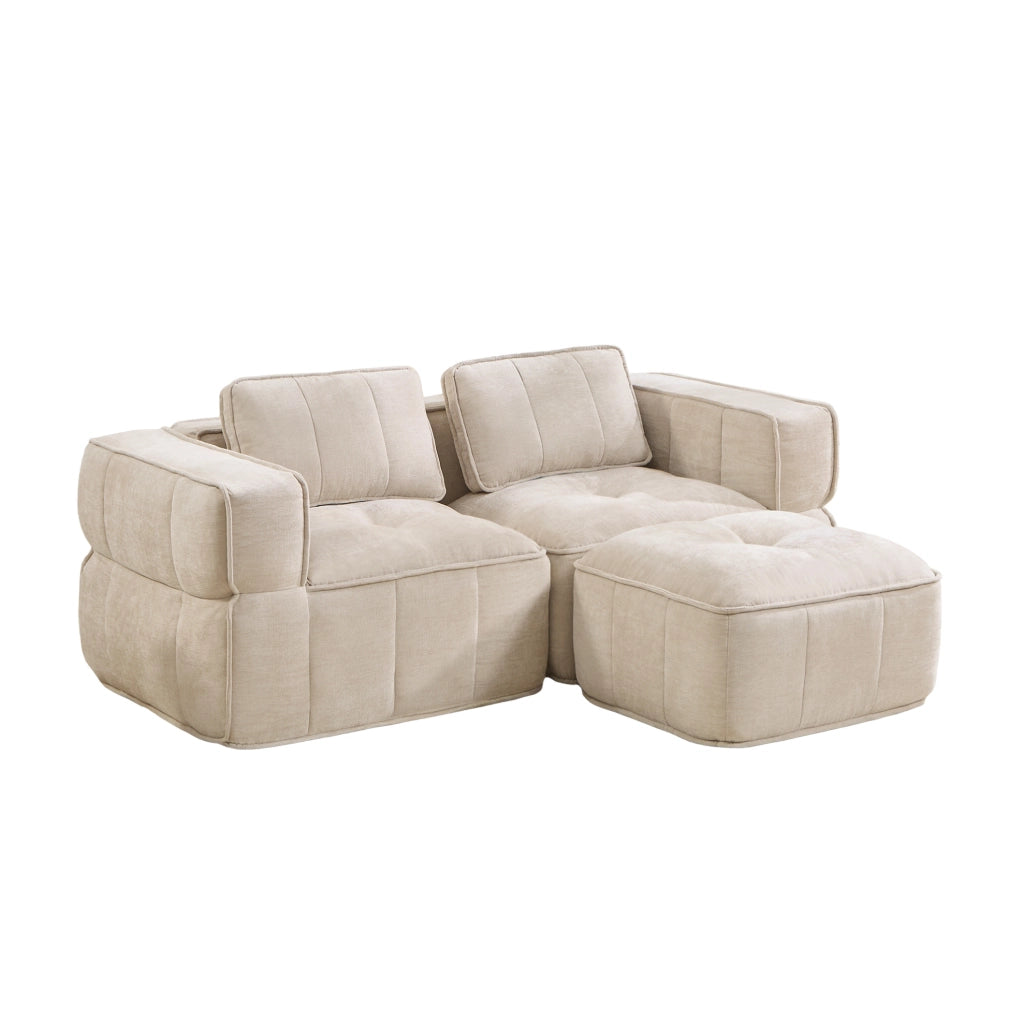 Divano modulare a L, 2 posti senza telaio con pouf beige in tessuto poliestere resistente, 198x162x67 cm