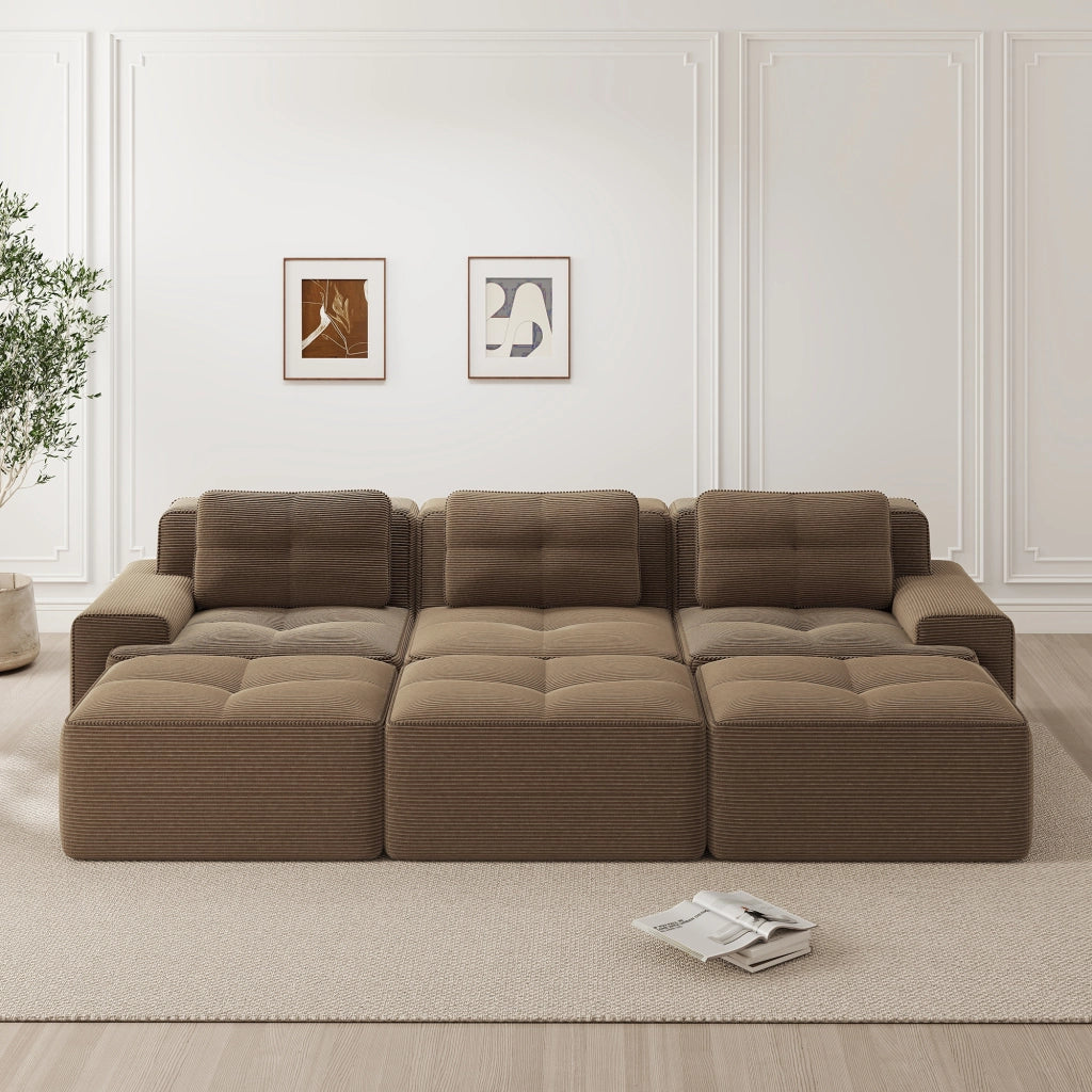 Divano modulare senza struttura in velluto a coste marrone con seduta profonda 74 cm base antiscivolo e braccioli larghi