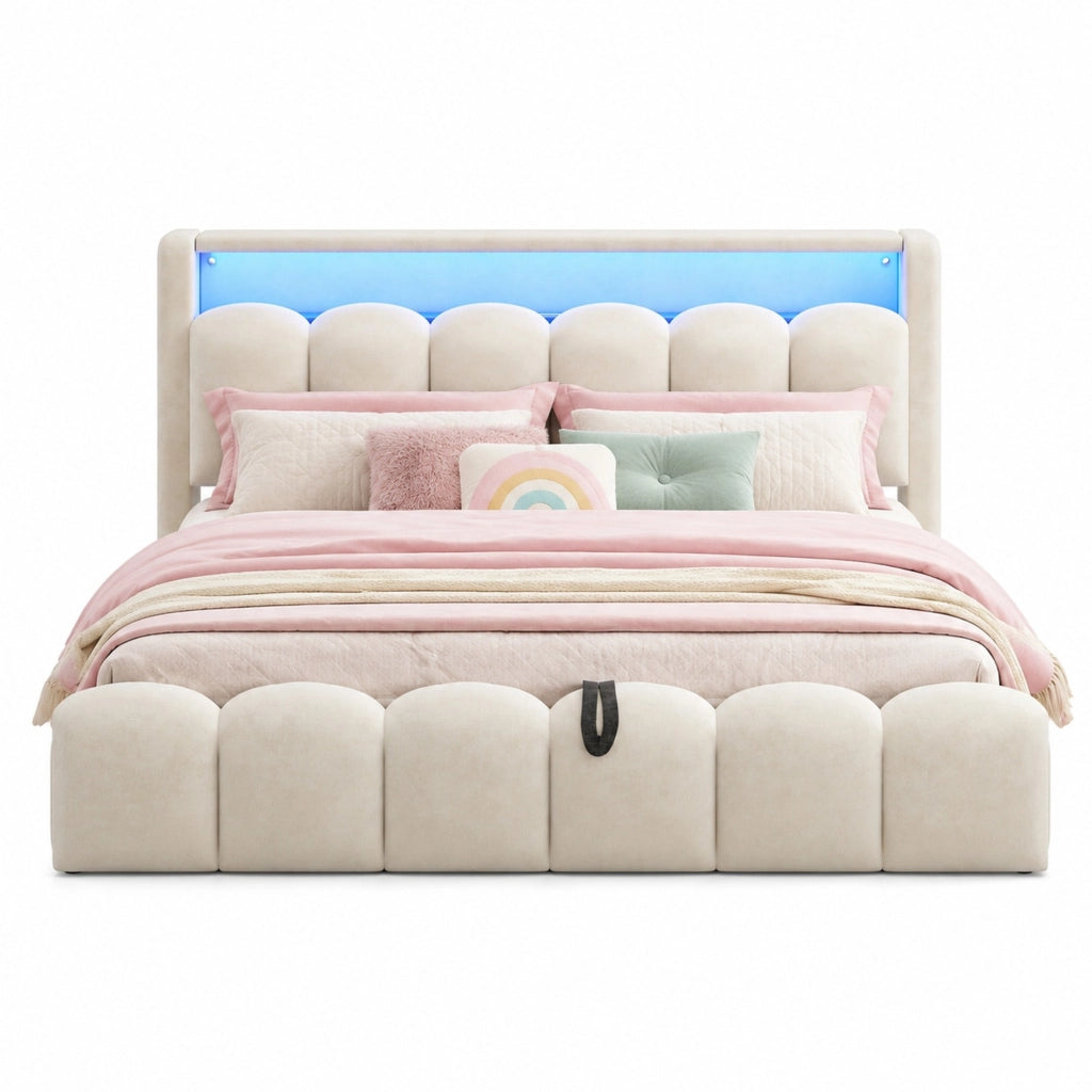 Letto matrimoniale imbottito 180x200 cm beige con LED e USB