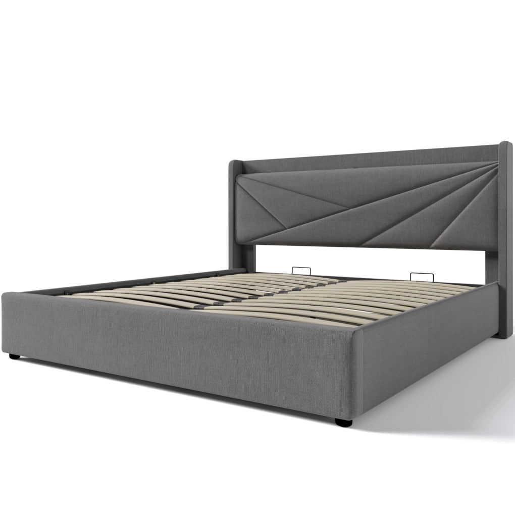 Letto 180x200 cm con contenitore, USB e USB-C in cotone e lino grigio