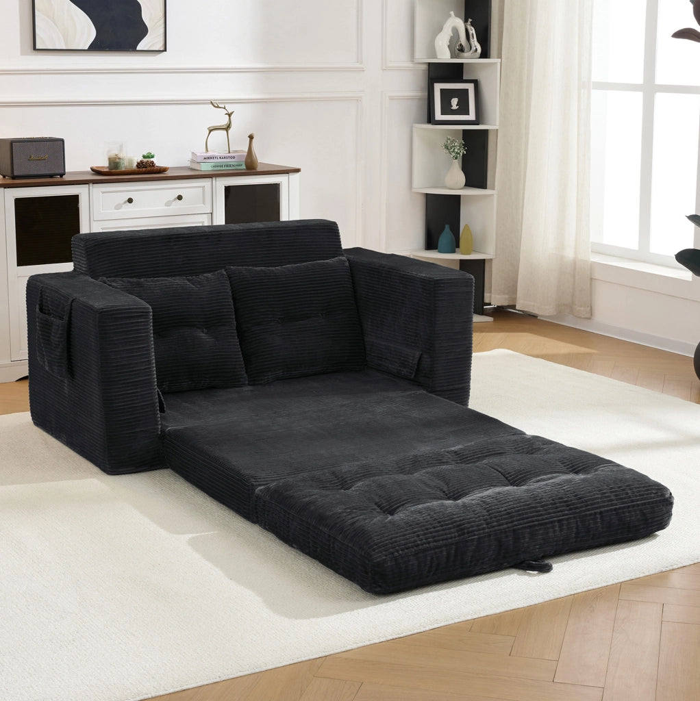 Divano letto matrimoniale con ampi braccioli e tasche laterali, imbottitura elastica, colore nero