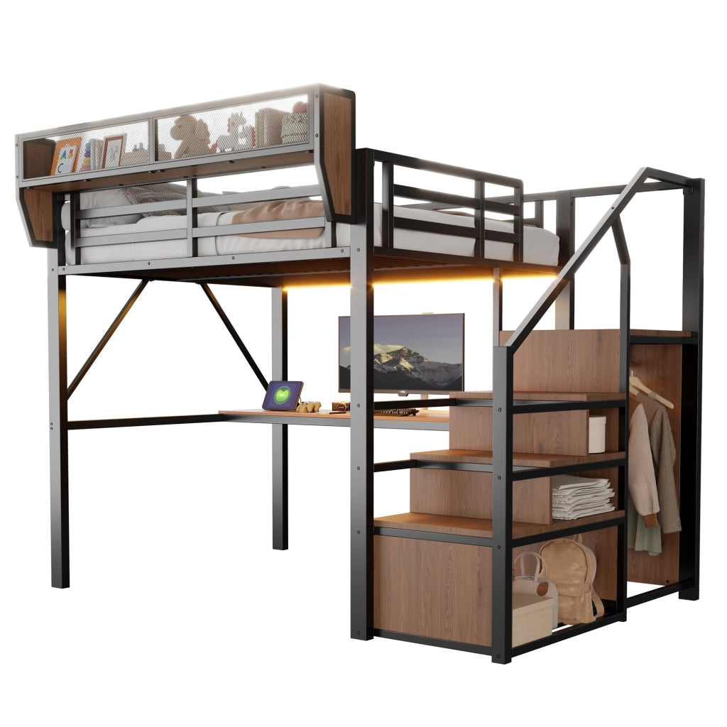 Letto a Soppalco 140x200 in Metallo con Scrivania; Luci LED e Prese Integrate; Nero