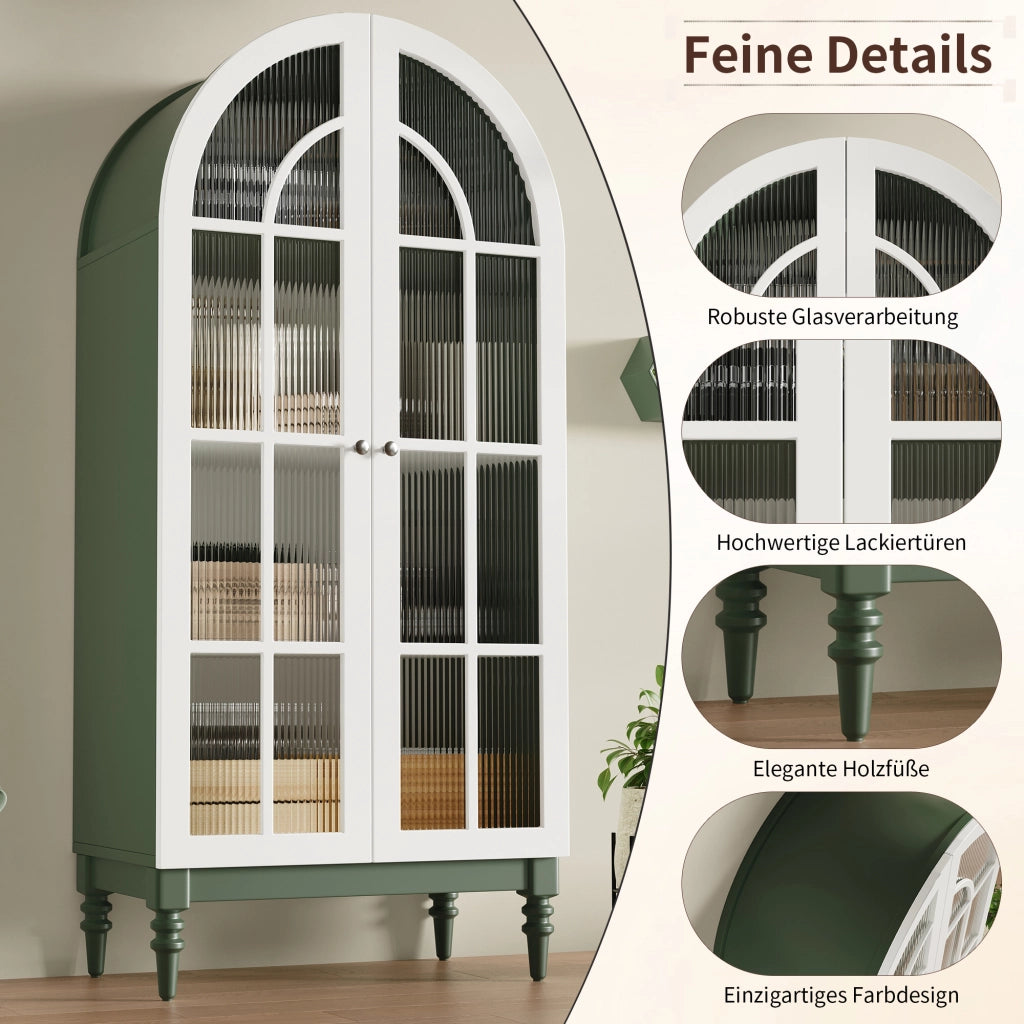 Vetrina ad arco con ante doppie in vetro rigato e tre ripiani in MDF verde 76 × 38.5 × 165 cm