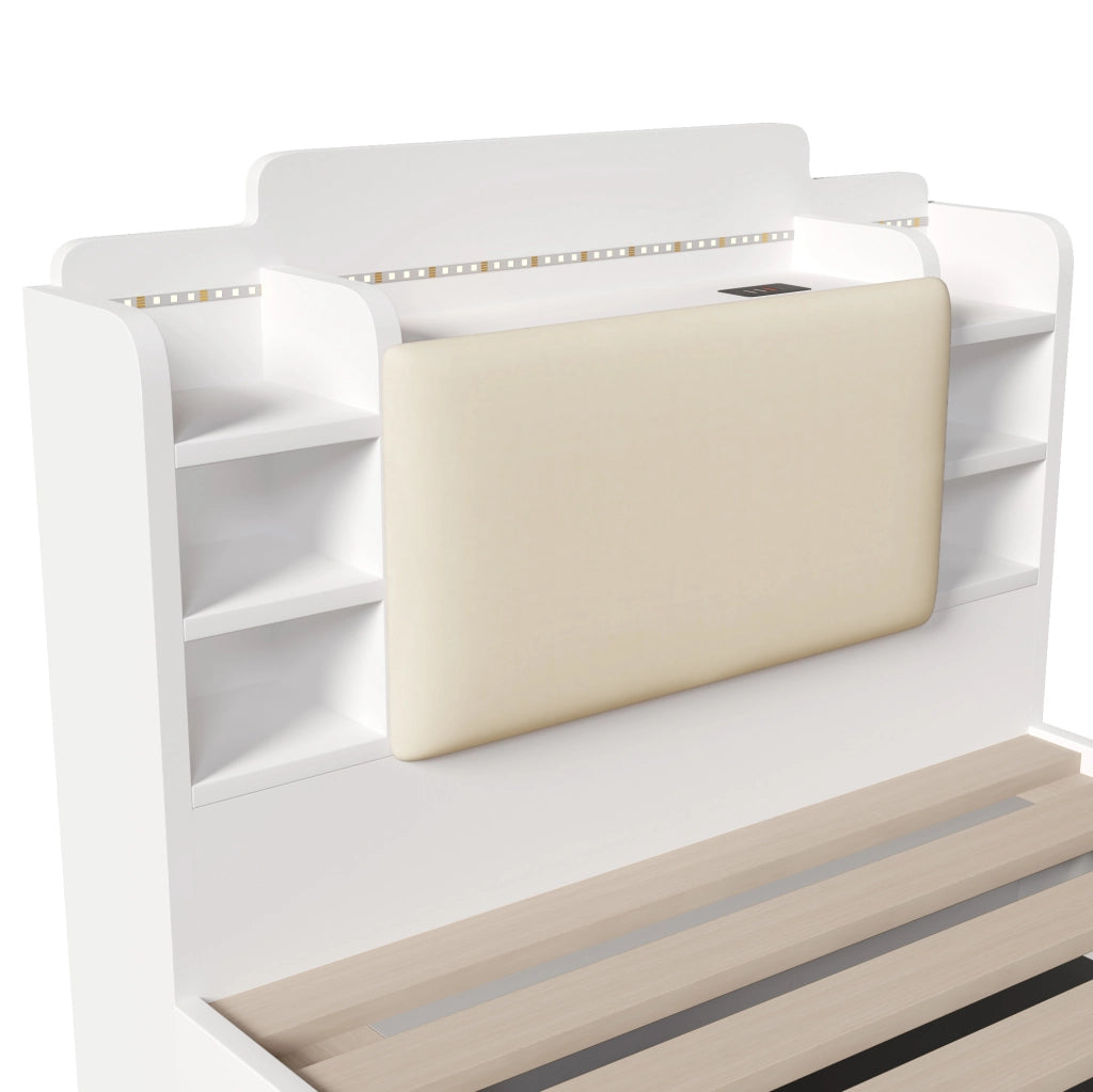Letto 90x200 cm con contenitore idraulico, LED, USB e USB-C integrati bianco