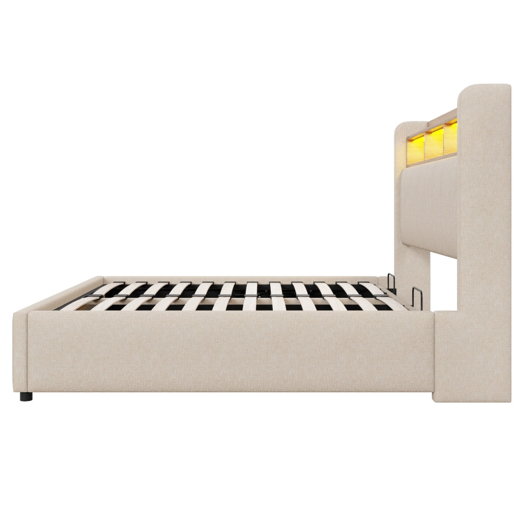 Letto matrimoniale 140 × 200 cm 2 posti con LED; USB; Type-C e contenitore idraulico; senza materasso; beige