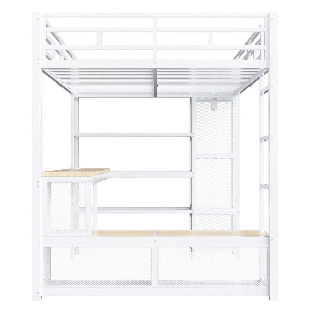Letto a soppalco 140x200 con scrivania, LED e armadio