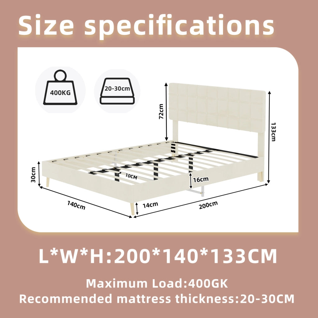 Letto matrimoniale grigio scuro in tessuto con testiera imbottita a quadri beige 140x200 cm, senza materasso