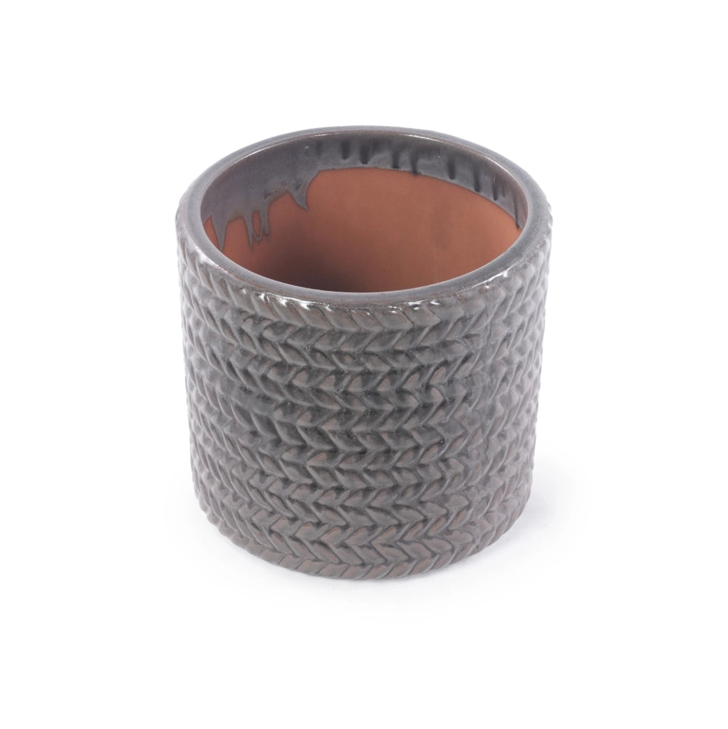 Set di 4 Vasi in Ceramica Fatti a Mano (Ø37/31/24,5/17,5 cm) Grigio Lucido con Rilievo a Spina di Pesce, Fori di Drenaggio, Resistente al Gelo per Interni e Esterni