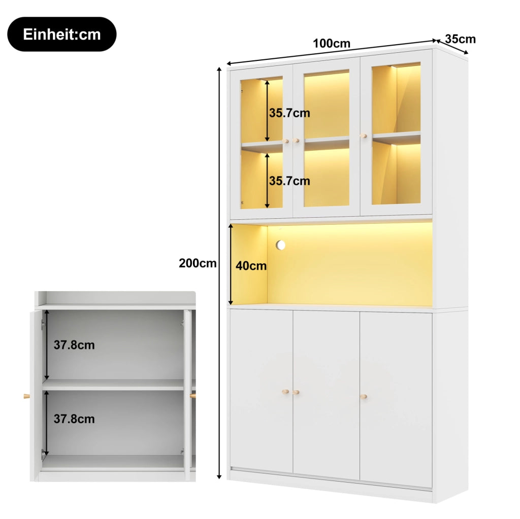 Libreria con vetrina 100x35x200 cm; LED regolabile e 3 ante in MDF bianco