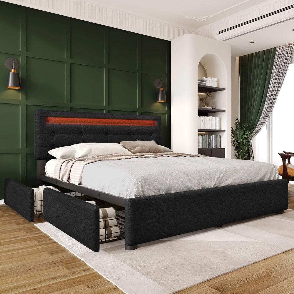 Letto Imbottito con LED e Cassetti 140x200 ¨C Xylo ¨C Nero, Testiera Regolabile, Rete a Doghe in Legno