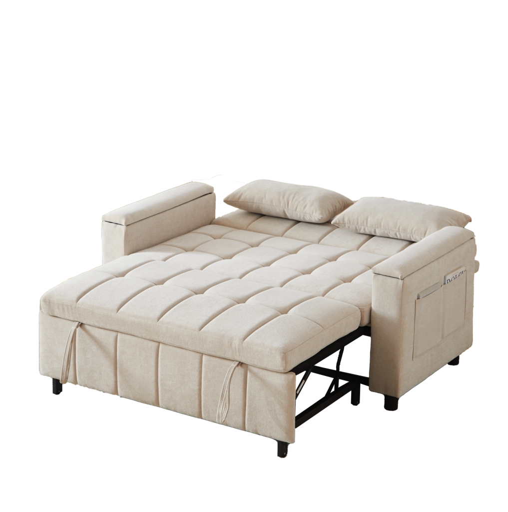 Divano letto 2 posti ULEVR 3 in 1 in ciniglia beige con braccioli contenitore e tasche laterali