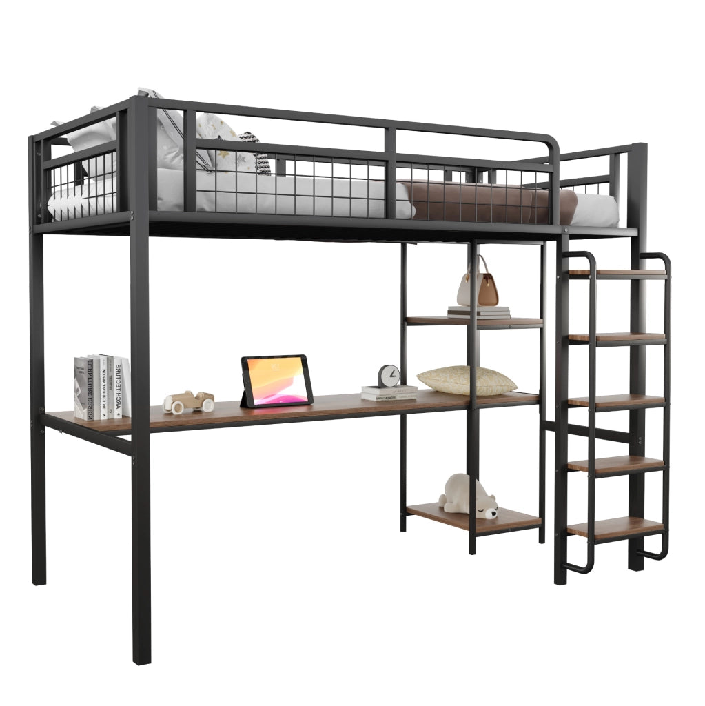 Letto a soppalco in metallo con scrivania e ripiani, 90x200 cm, nero