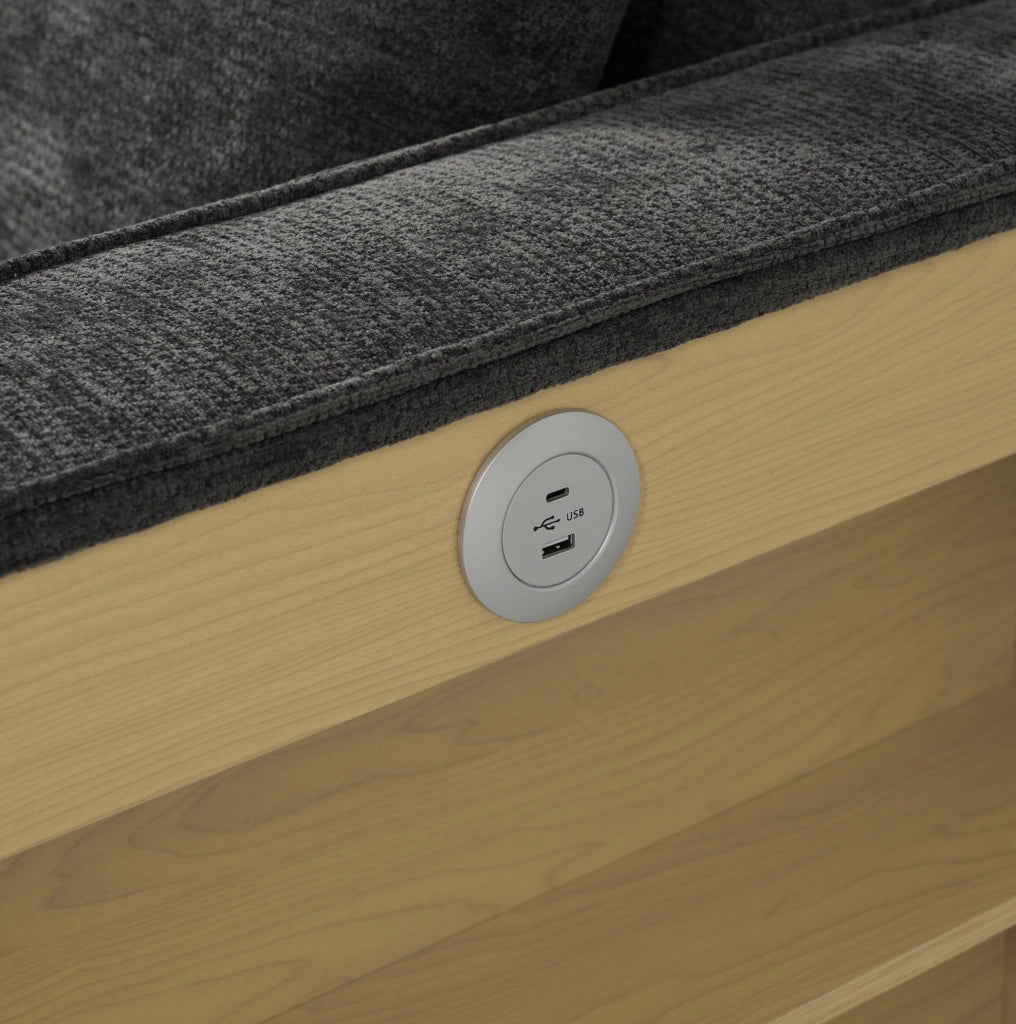 Divano letto multifunzionale 2 posti in tessuto chenille con schienale regolabile, porta bevande e porta USB, grigio