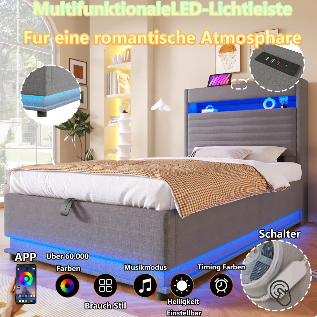 Letto matrimoniale 140×200 cm 2 posti con contenitore idraulico; LED regolabile; USB e Type-C; senza materasso; grigio